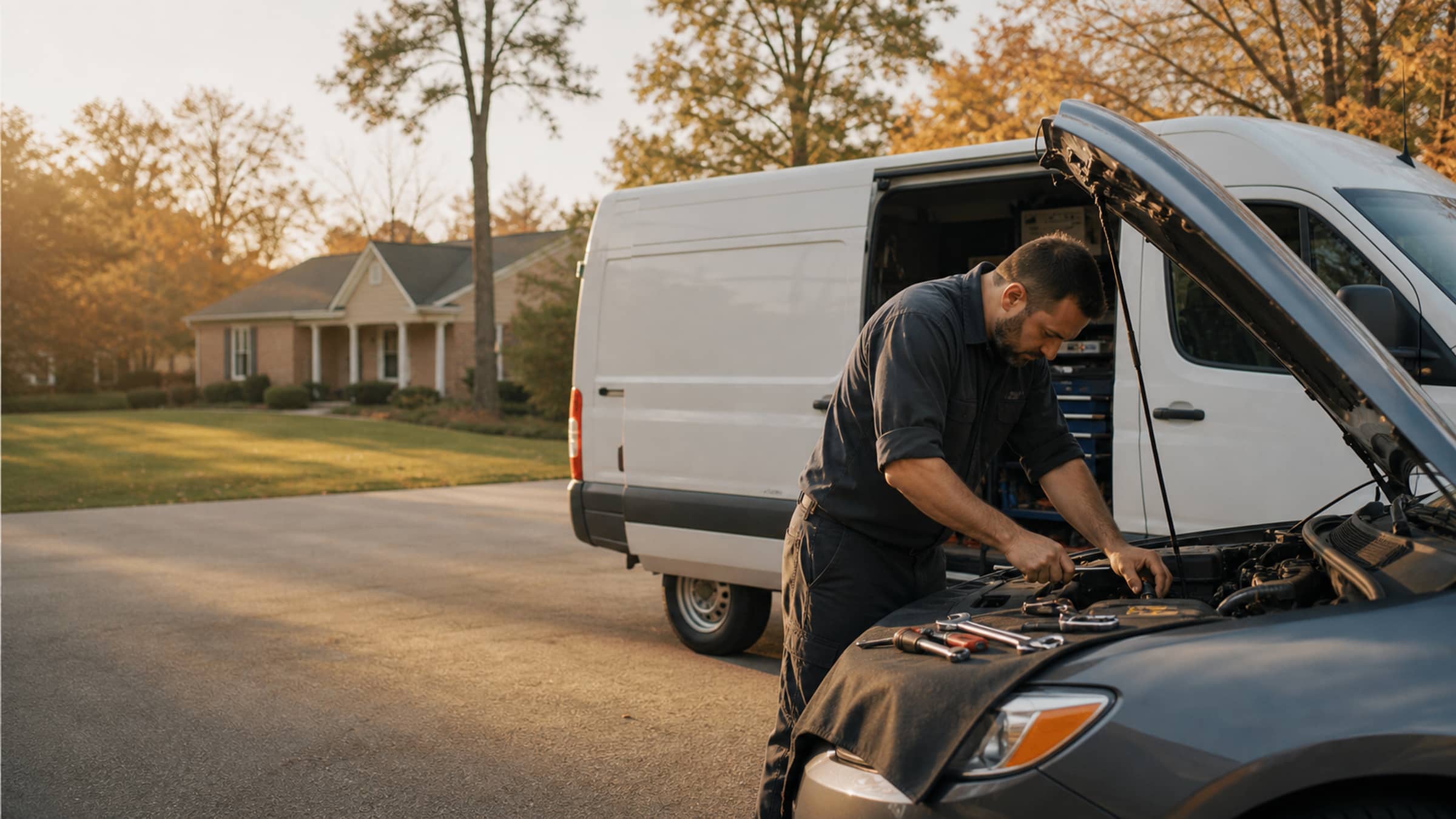 Mechanic working under the hood of a car beside a plain white service van in a driveway