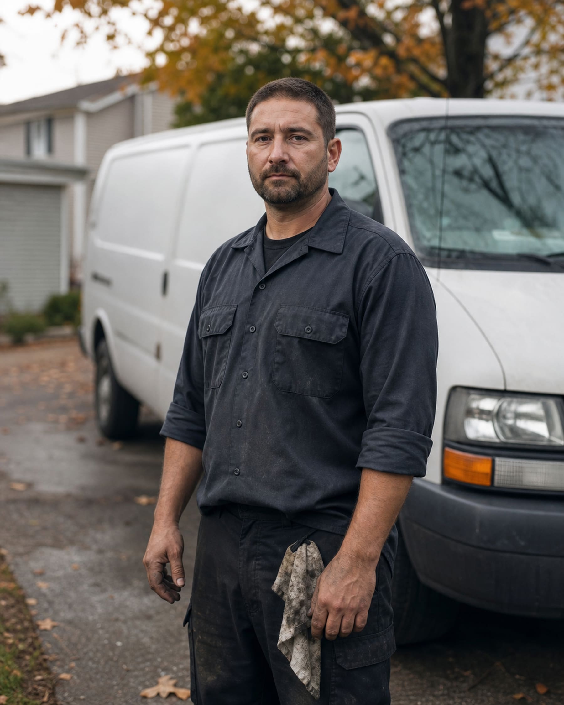 Mechanic in a dark work shirt standing beside a plain white service van in a driveway