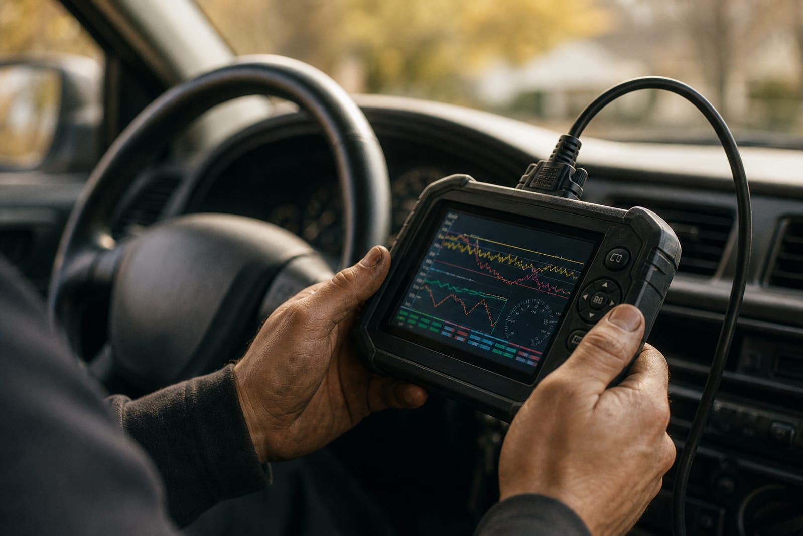 Diagnostic scan tool displaying live engine data inside a vehicle