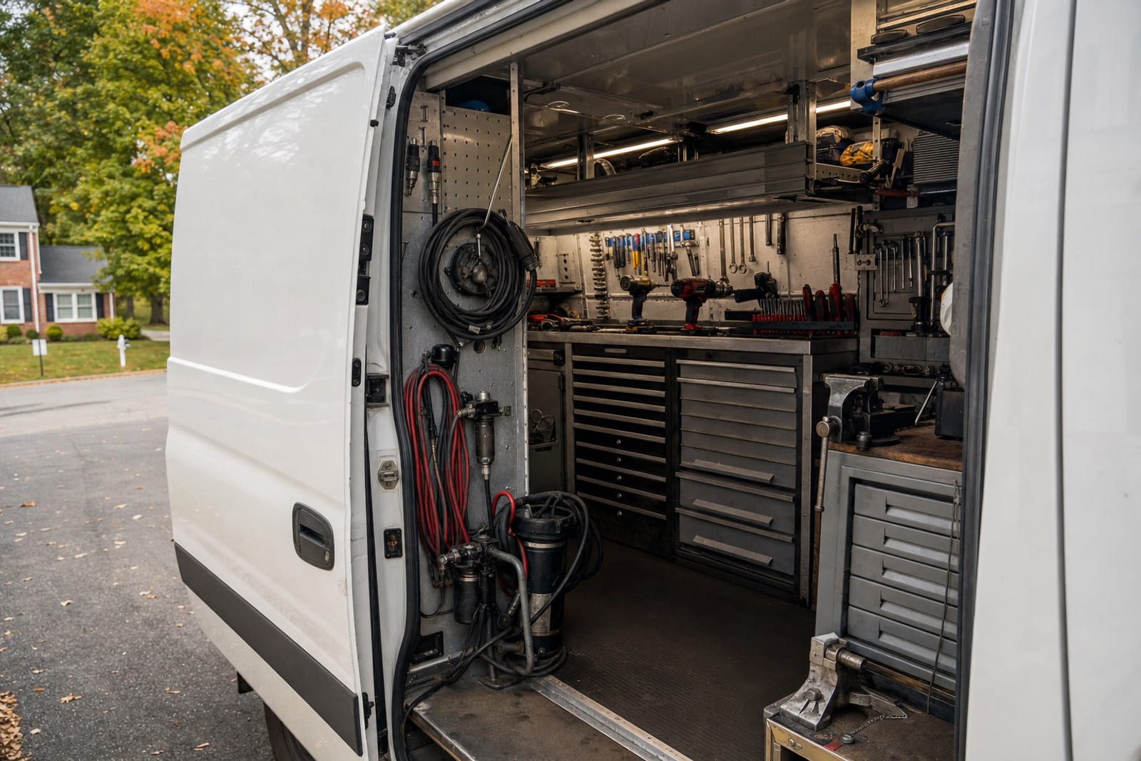 The organised interior of the service van, with tool drawers and racked equipment